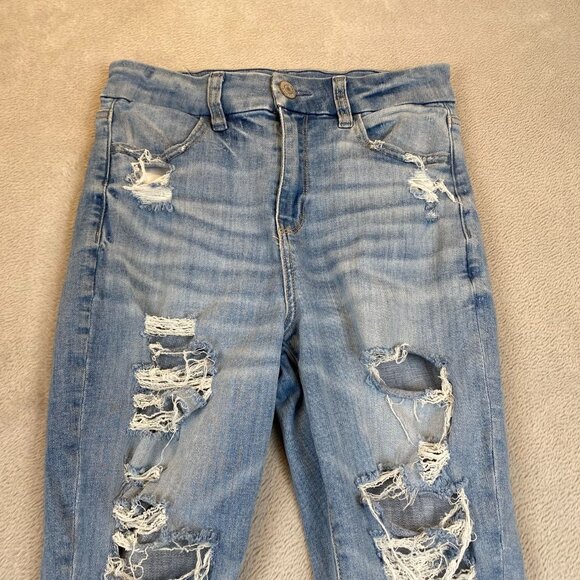 American Eagle Women's Jeans 4 Curvy Hi-Rise Jegging Crop Distressed Blue Denim - Picture 13 of 16